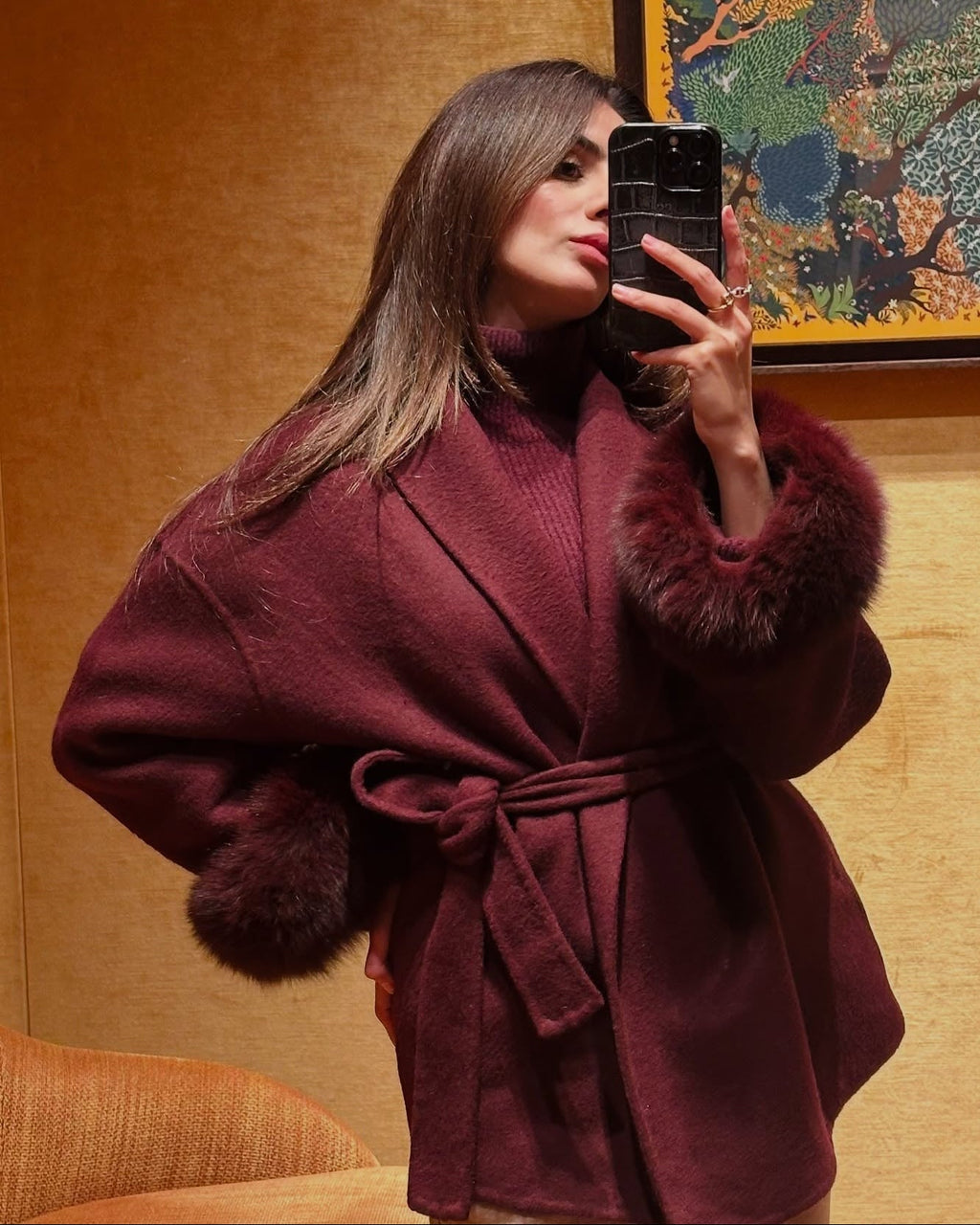 Wool Wrap Coat with Fox Fur Cuff - Women's Fall and Winter Outerwear - Image 15