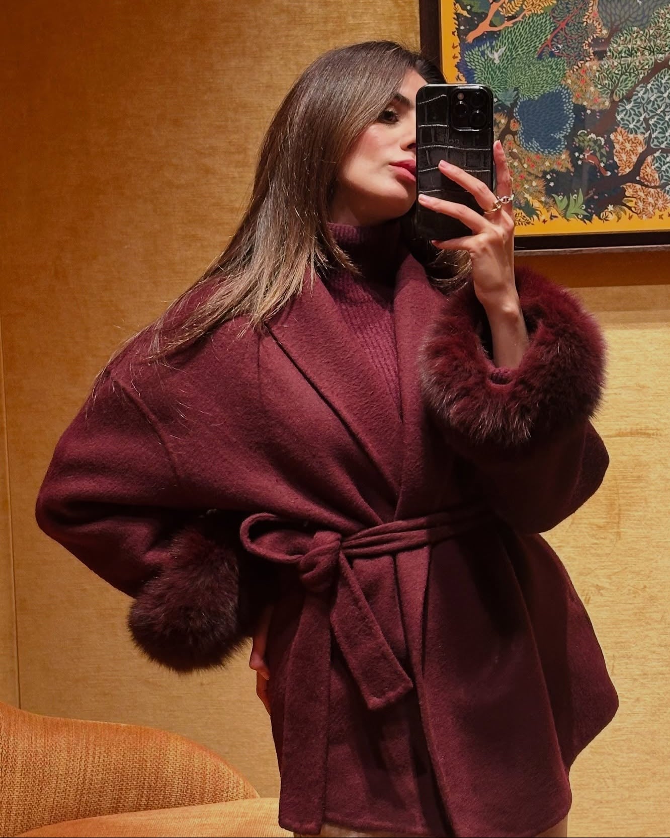 Wool Wrap Coat with Fox Fur Cuff - Women's Fall and Winter Outerwear - Image 15