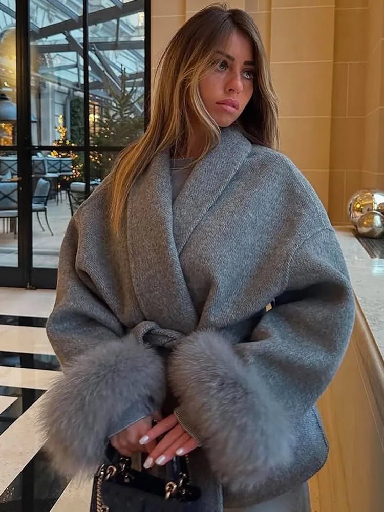 Wool Wrap Coat with Fox Fur Cuff - Women's Fall and Winter Outerwear - Image 6