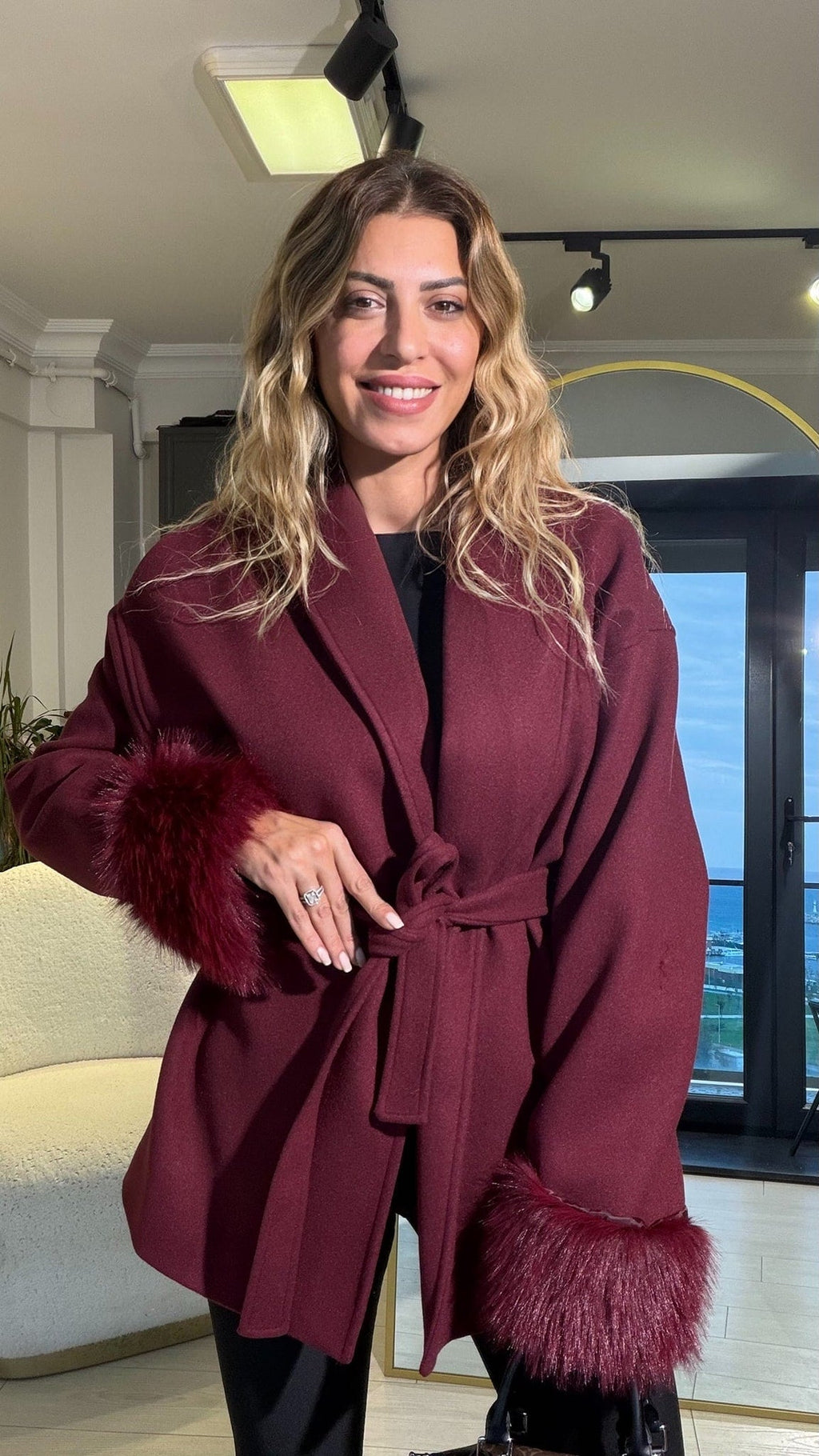 Wool Wrap Coat with Fox Fur Cuff - Women's Fall and Winter Outerwear - Image 16