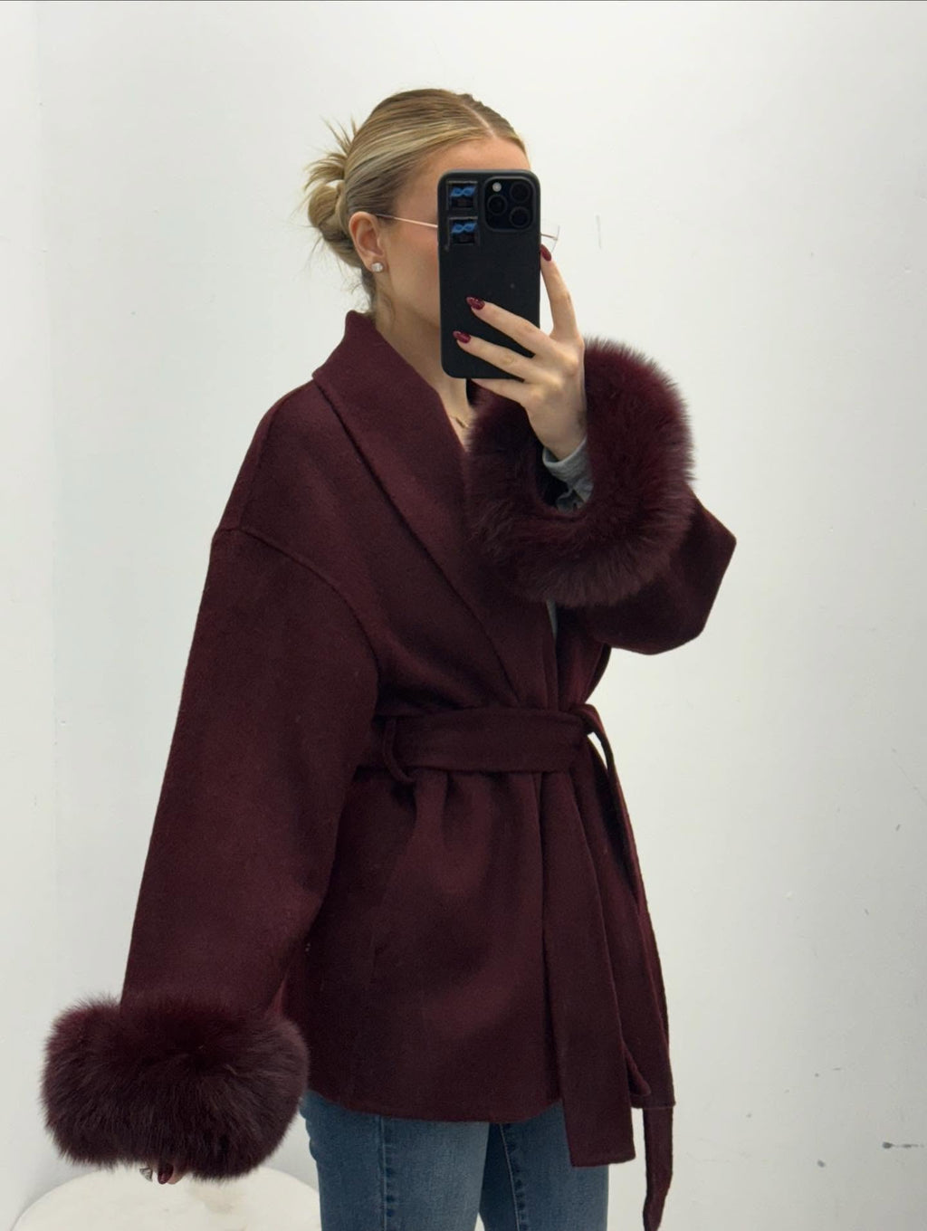 Wool Wrap Coat with Fox Fur Cuff - Women's Fall and Winter Outerwear - Image 17