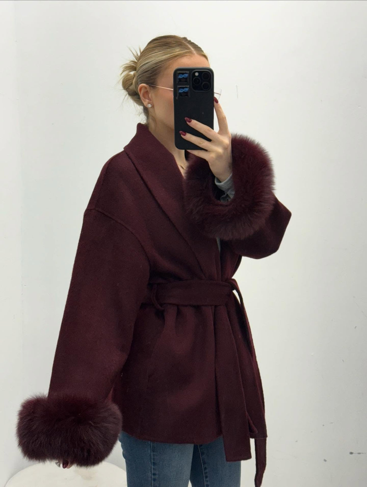 Wool Wrap Coat with Fox Fur Cuff - Women's Fall and Winter Outerwear - Image 17