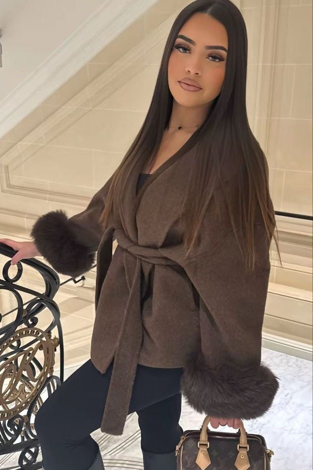 Wool Wrap Coat with Fox Fur Cuff - Women's Fall and Winter Outerwear - Image 14