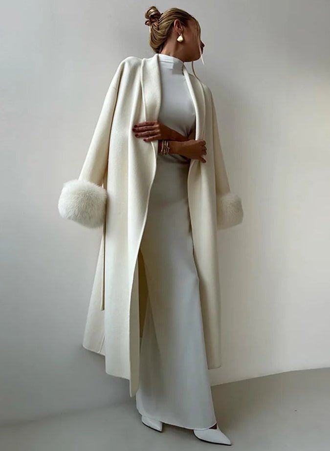 Wool Wrap Coat with Fox Fur Cuff - Women's Fall and Winter Outerwear - Image 4