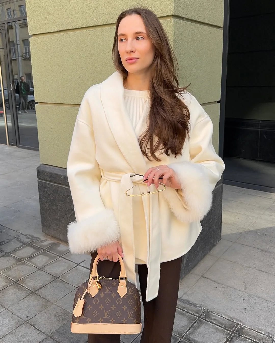 Wool Wrap Coat with Fox Fur Cuff - Women's Fall and Winter Outerwear - Image 3