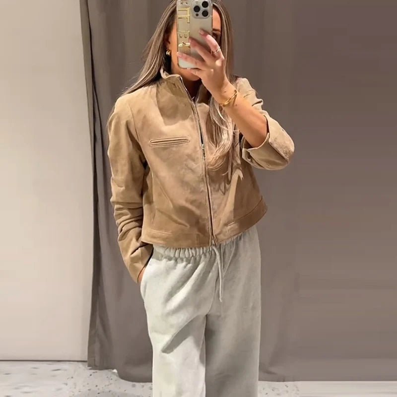 Yza Suede Cropped Bomber Jacket - Women's Fall and Winter Outerwear - Image 4