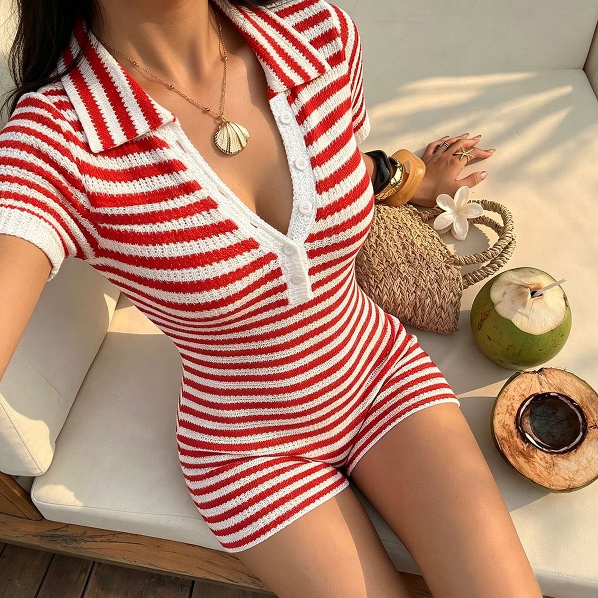 Jessica Striped Knit Romper - Women's One-Piece Outfit - Image 2