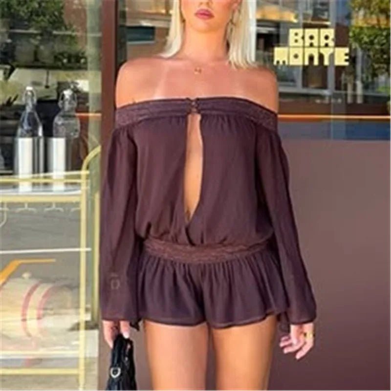 Melanie Off-Shoulder Chiffon Romper - Women's One-Piece Outfit - Image 4