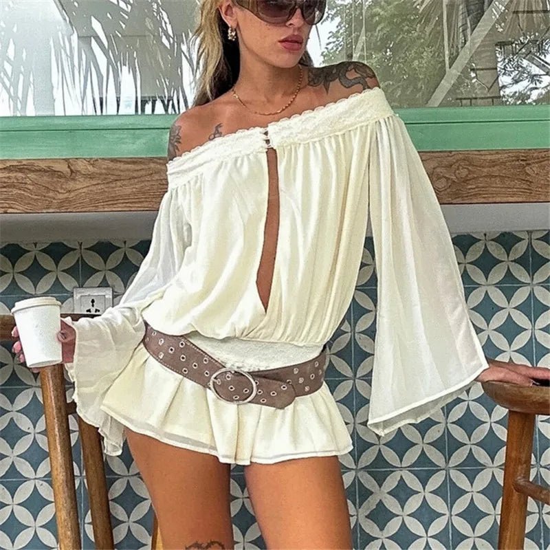 Melanie Off-Shoulder Chiffon Romper - Women's One-Piece Outfit - Image 3