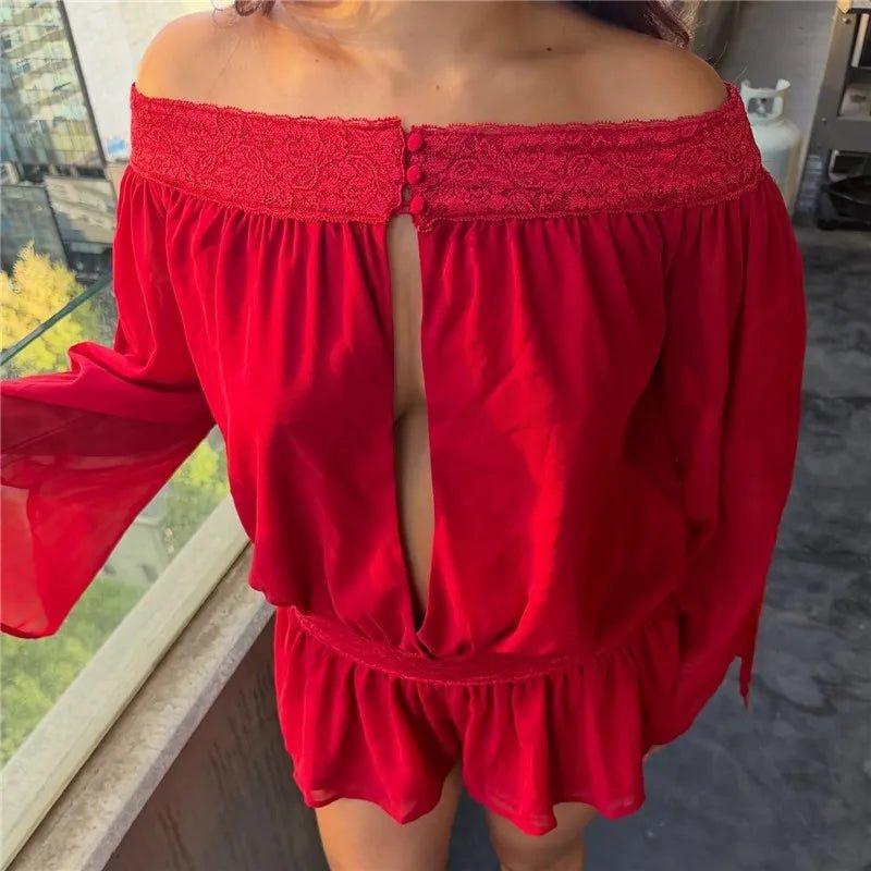Melanie Off-Shoulder Chiffon Romper - Women's One-Piece Outfit - Image 7