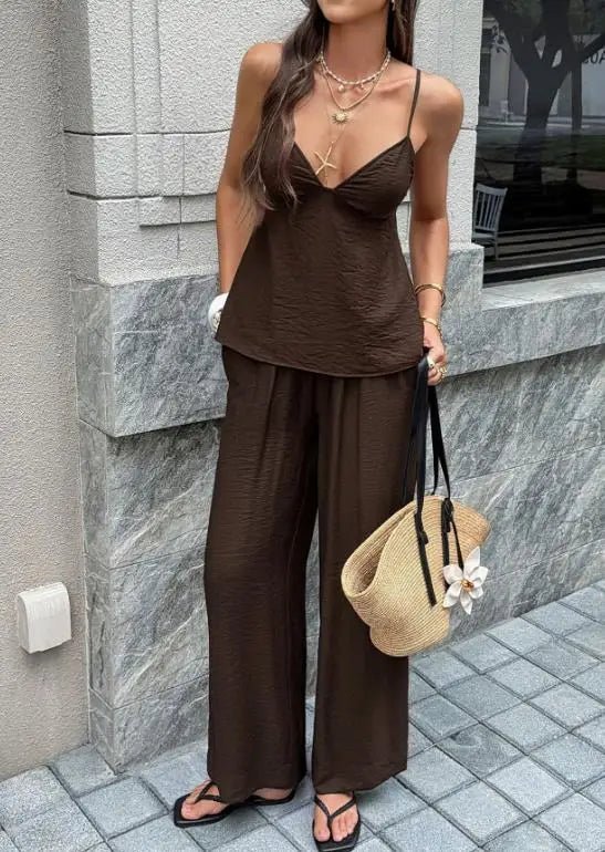 Odette Deep V-Neck Cami Wide Leg Pants Set - Women's One-Piece Outfit