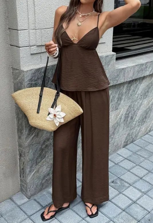 Odette Deep V-Neck Cami Wide Leg Pants Set - Women's One-Piece Outfit - Image 4