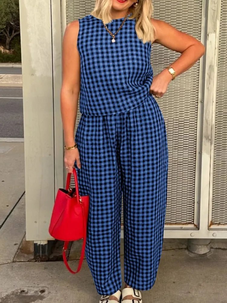 Wren Plaid Sleeveless Vest Nine Point Pants Set - Women's One-Piece Outfit - Image 3