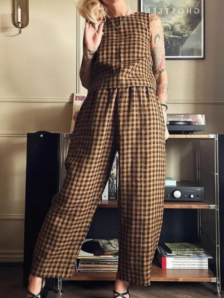 Wren Plaid Sleeveless Vest Nine Point Pants Set - Women's One-Piece Outfit - Image 4