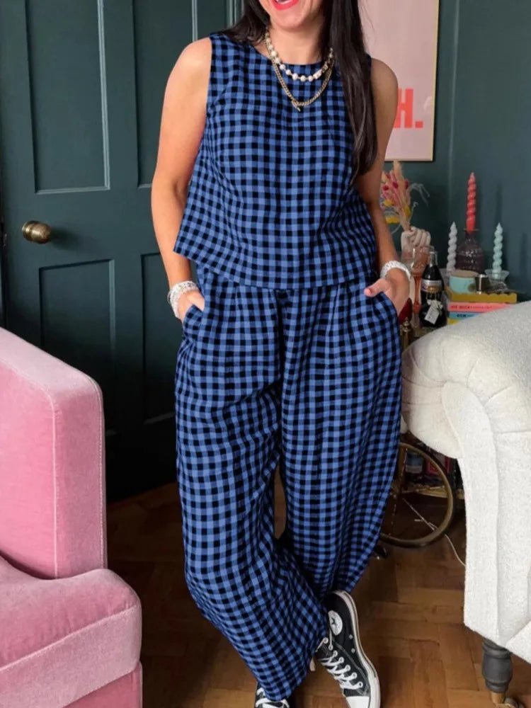 Wren Plaid Sleeveless Vest Nine Point Pants Set - Women's One-Piece Outfit - Image 2