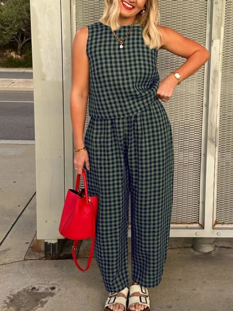 Wren Plaid Sleeveless Vest Nine Point Pants Set - Women's One-Piece Outfit