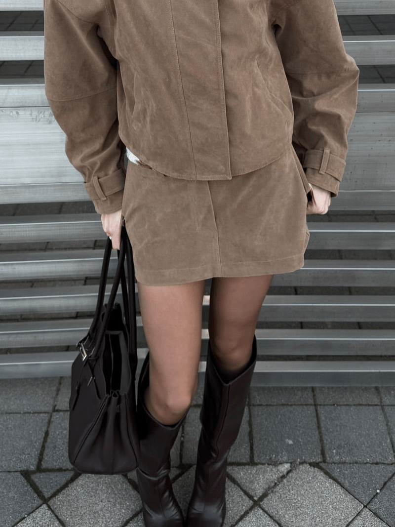 Lara Suede Cropped Coat & Mini Skirt Set - Women's Coordinated Two-Piece Outfit - Image 9