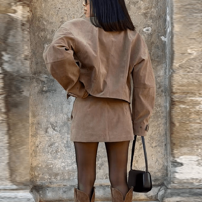 Lara Suede Cropped Coat & Mini Skirt Set - Women's Coordinated Two-Piece Outfit - Image 3