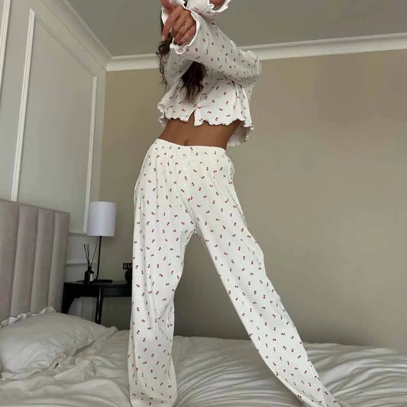 Aiza Long Sleeve Floral Pajama Set - Women's Coordinated Two-Piece Outfit
