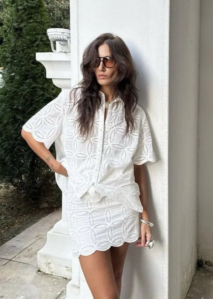 Beatrice Embroidered Cotton Shirt and Skirt Set - Women's Coordinated Two-Piece Outfit - Image 2