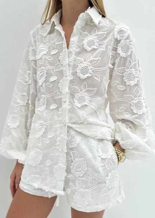 Lily Sheer Embroidered Shirt & High-Waist Shorts Set - Women's Coordinated Two-Piece Outfit - Image 4
