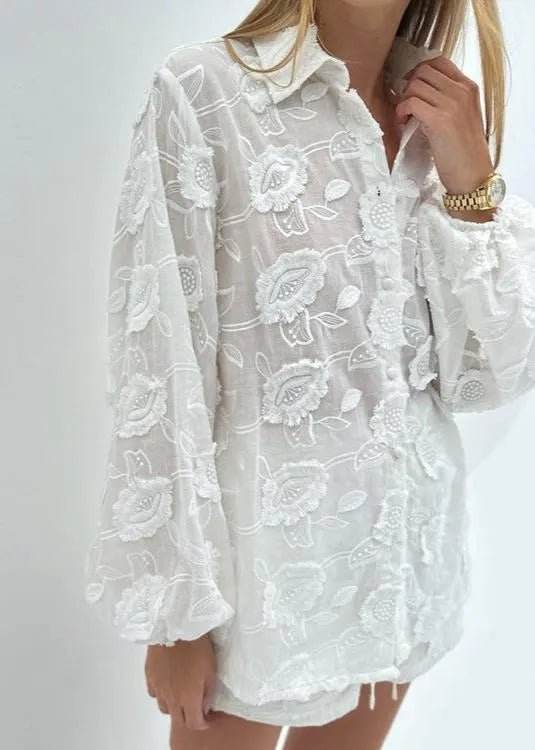 Lily Sheer Embroidered Shirt & High-Waist Shorts Set - Women's Coordinated Two-Piece Outfit - Image 2