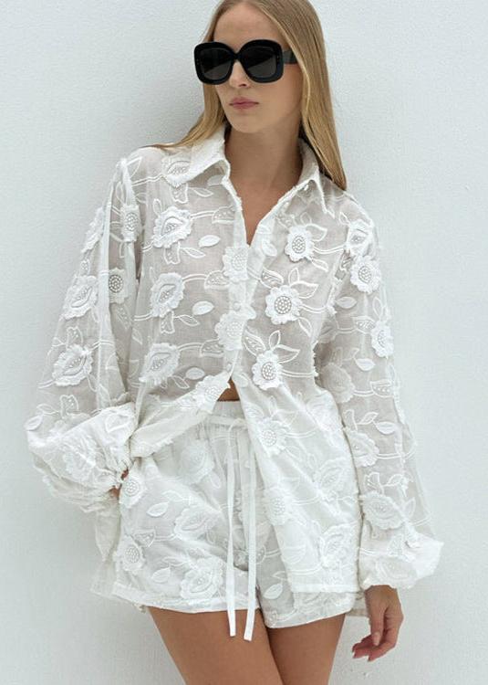 Lily Sheer Embroidered Shirt & High-Waist Shorts Set - Women's Coordinated Two-Piece Outfit