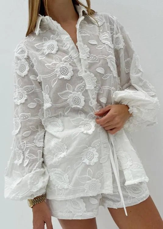 Lily Sheer Embroidered Shirt & High-Waist Shorts Set - Women's Coordinated Two-Piece Outfit - Image 3