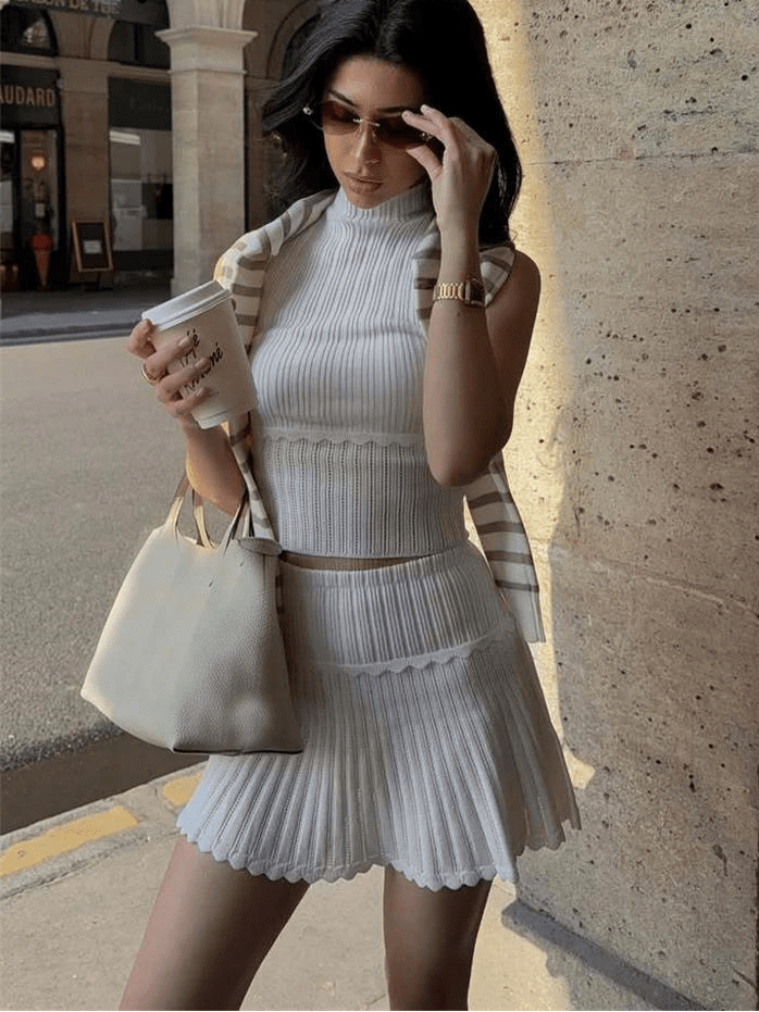 Kelly Two-Piece Knitted Crop Top & Pleated Mini Skirt Set - Women's Coordinated Two-Piece Outfit