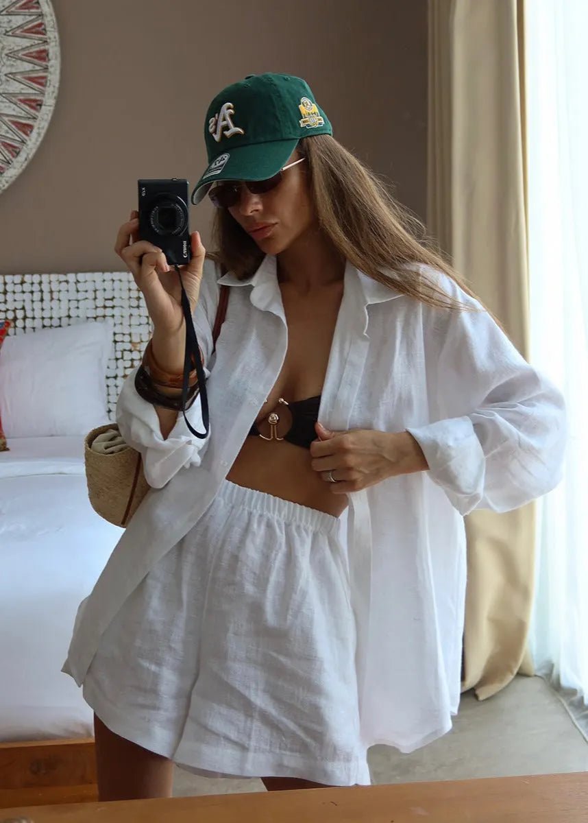 Camille White Cotton Shirt and Shorts Set - Women's Coordinated Two-Piece Outfit - Image 3