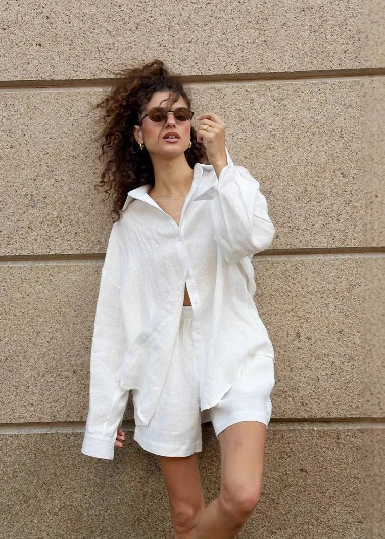 Camille White Cotton Shirt and Shorts Set - Women's Coordinated Two-Piece Outfit - Image 4