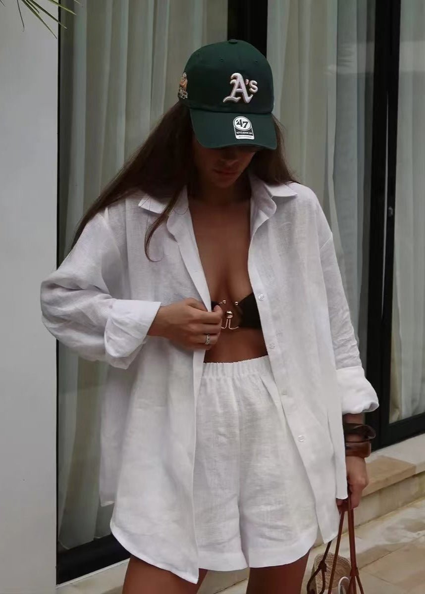 Camille White Cotton Shirt and Shorts Set - Women's Coordinated Two-Piece Outfit