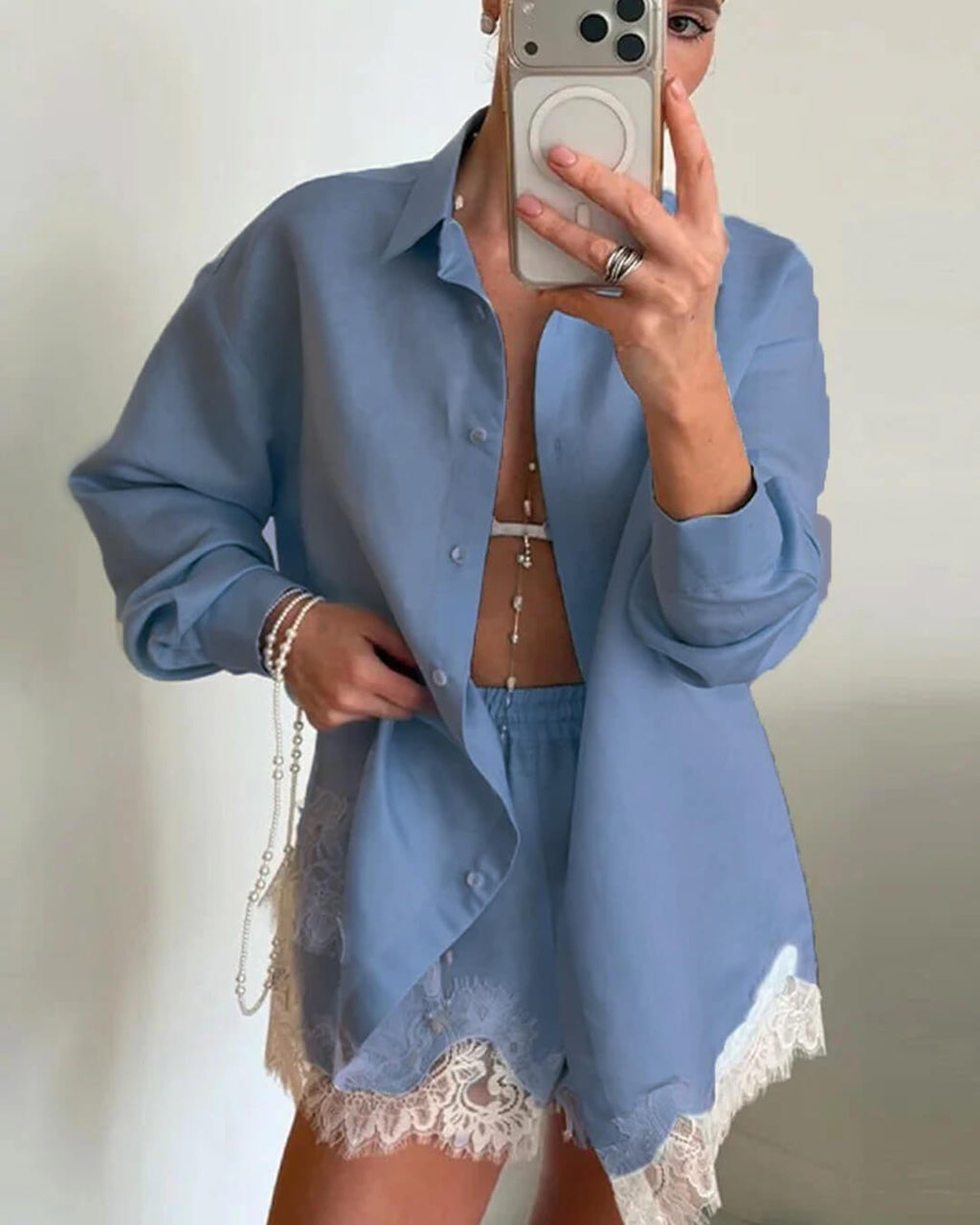 Celeste Lace Patchwork Beach Shirt Set - Women's Coordinated Two-Piece Outfit