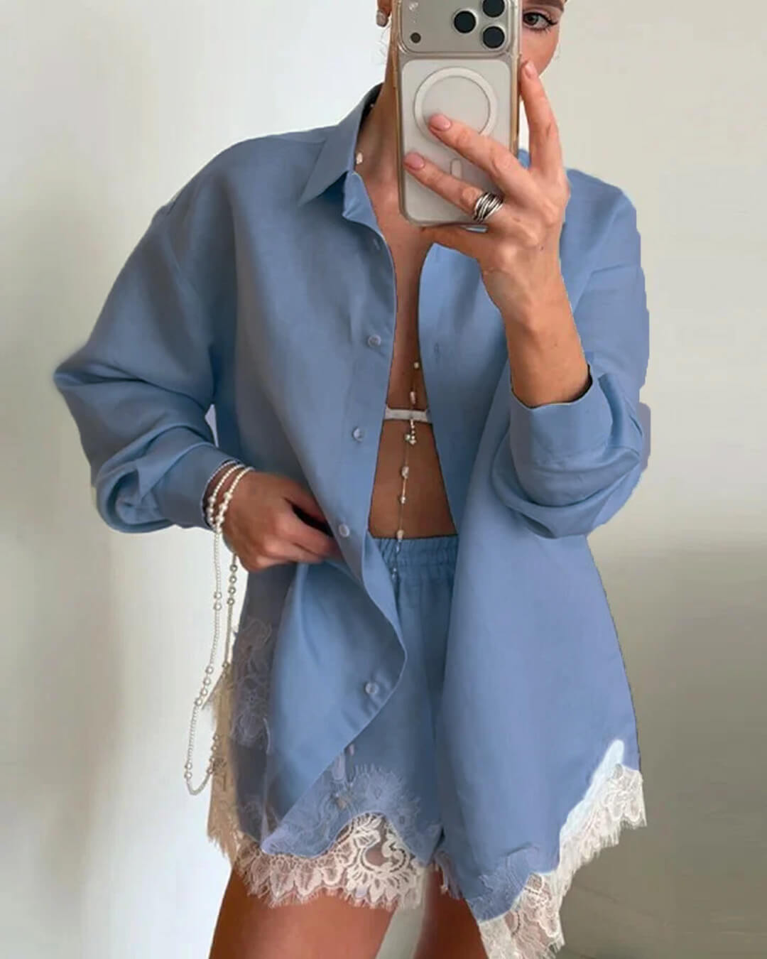 Celeste Lace Patchwork Beach Shirt Set - Women's Coordinated Two-Piece Outfit
