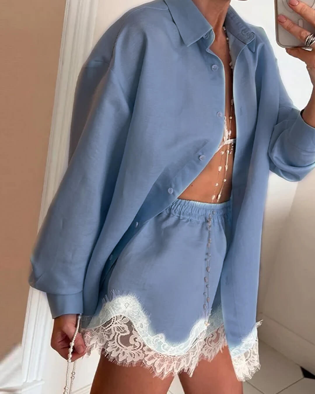 Celeste Lace Patchwork Beach Shirt Set - Women's Coordinated Two-Piece Outfit - Image 3