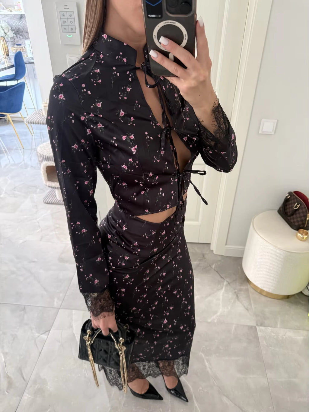 Lisa Lace Trim Floral Hollow Out Top and Maxi Skirt Set - Women's Coordinated Two-Piece Outfit