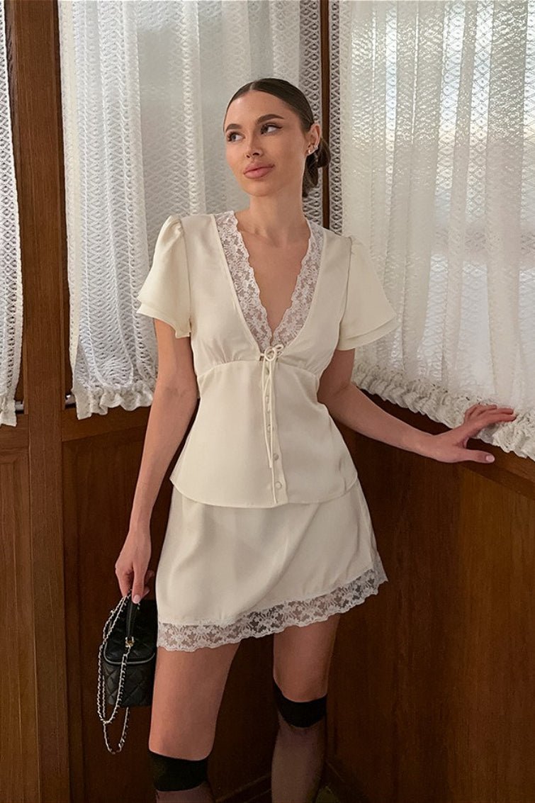 Zoe Satin Lace V-Neck Tie-Waist Skirt Set - Women's Coordinated Two-Piece Outfit - Image 6