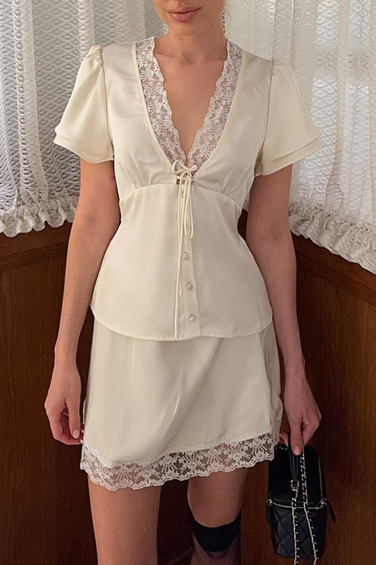 Zoe Satin Lace V-Neck Tie-Waist Skirt Set - Women's Coordinated Two-Piece Outfit - Image 7