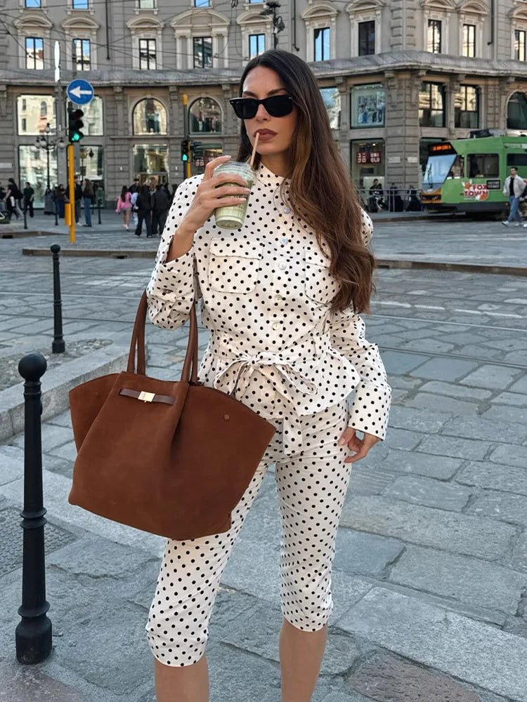 Cherry Polka Dot Jacket and Capri Pants Set for Women - Fall Matching Set - Image 6