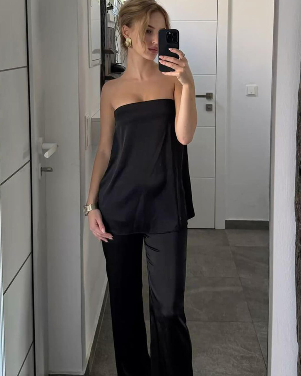 Claudine Satin Two Piece Set for Women - Bandeau Top & Wide Leg Pants - Image 9