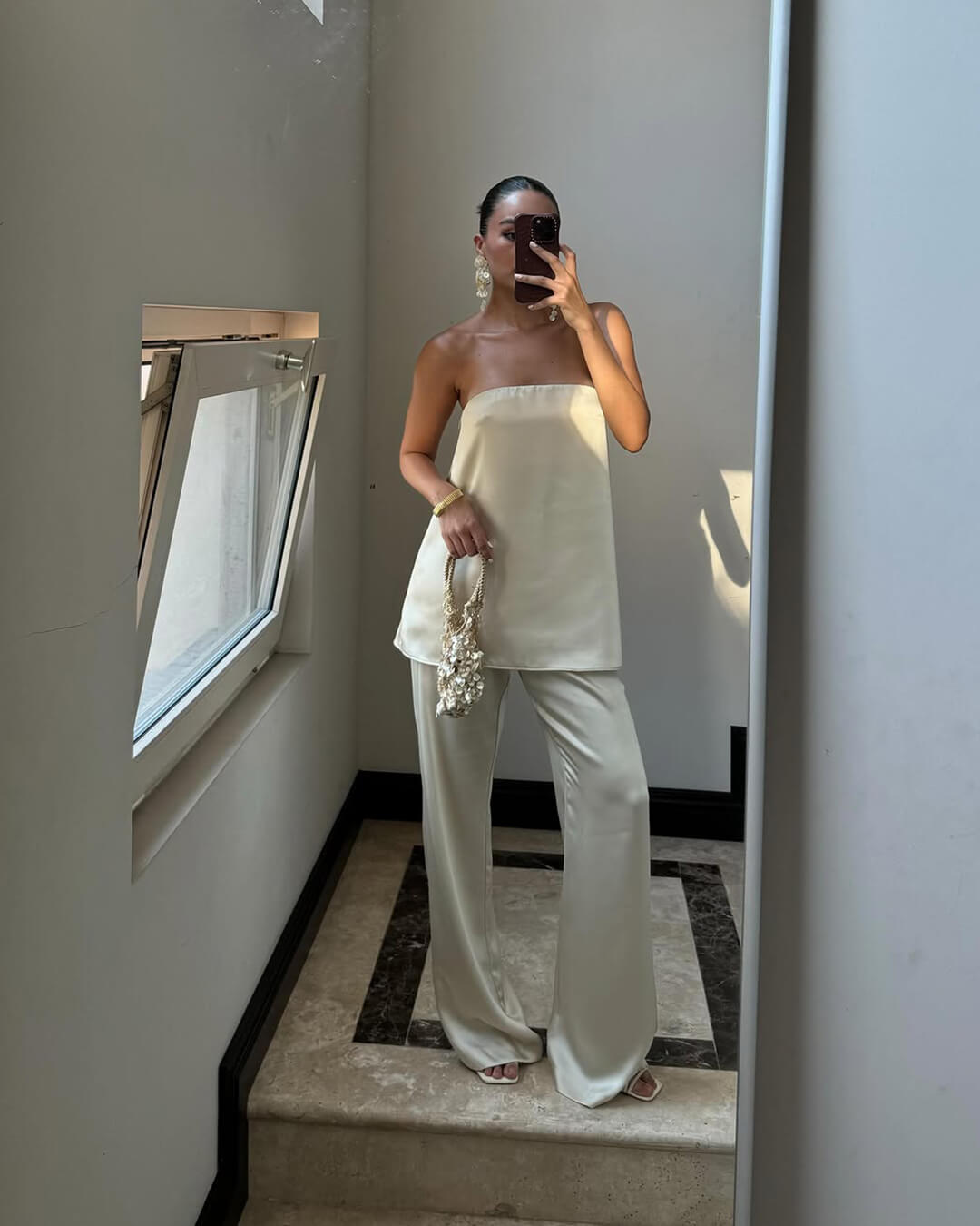 Claudine Satin Two Piece Set for Women - Bandeau Top & Wide Leg Pants
