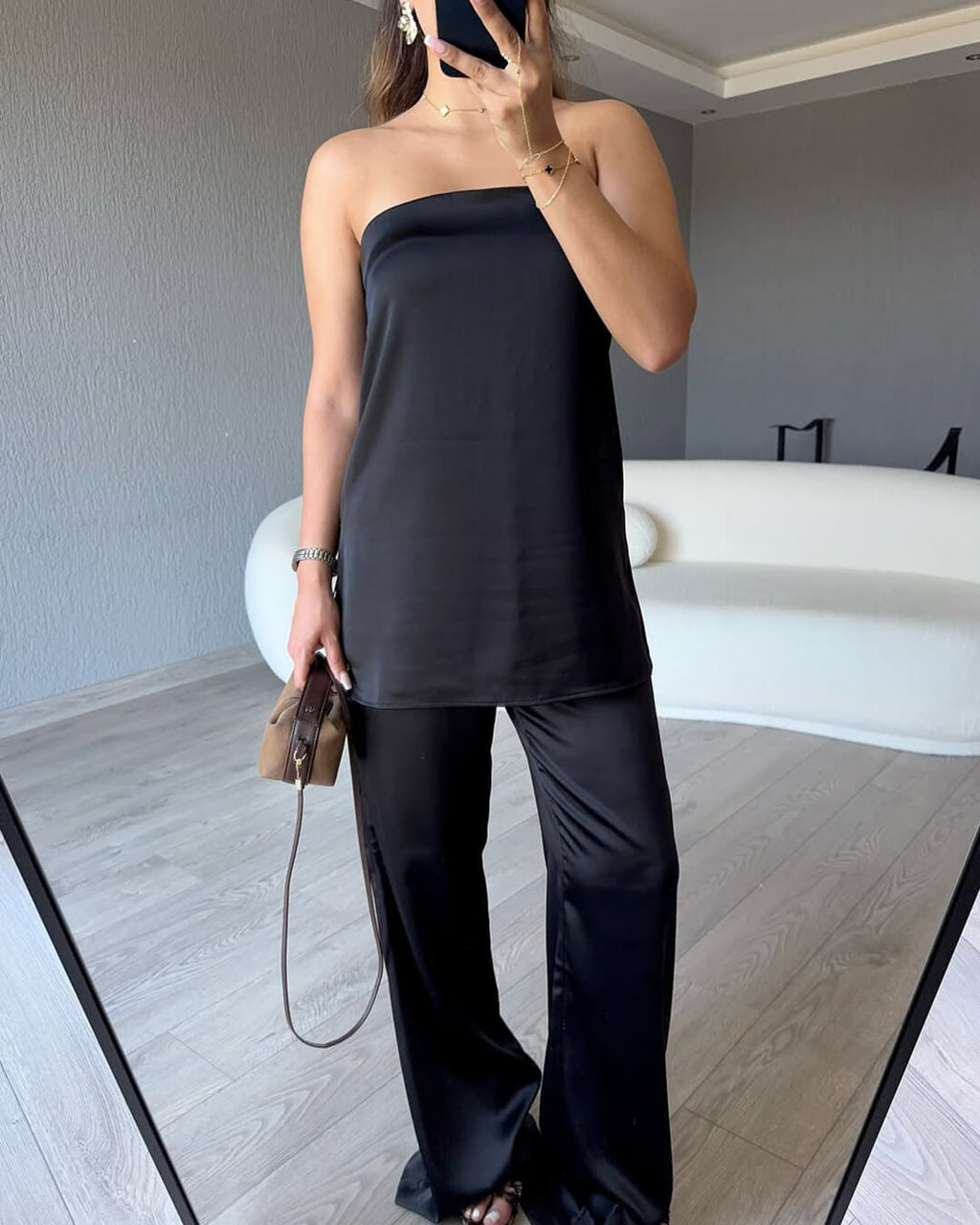 Claudine Satin Two Piece Set for Women - Bandeau Top & Wide Leg Pants - Image 10