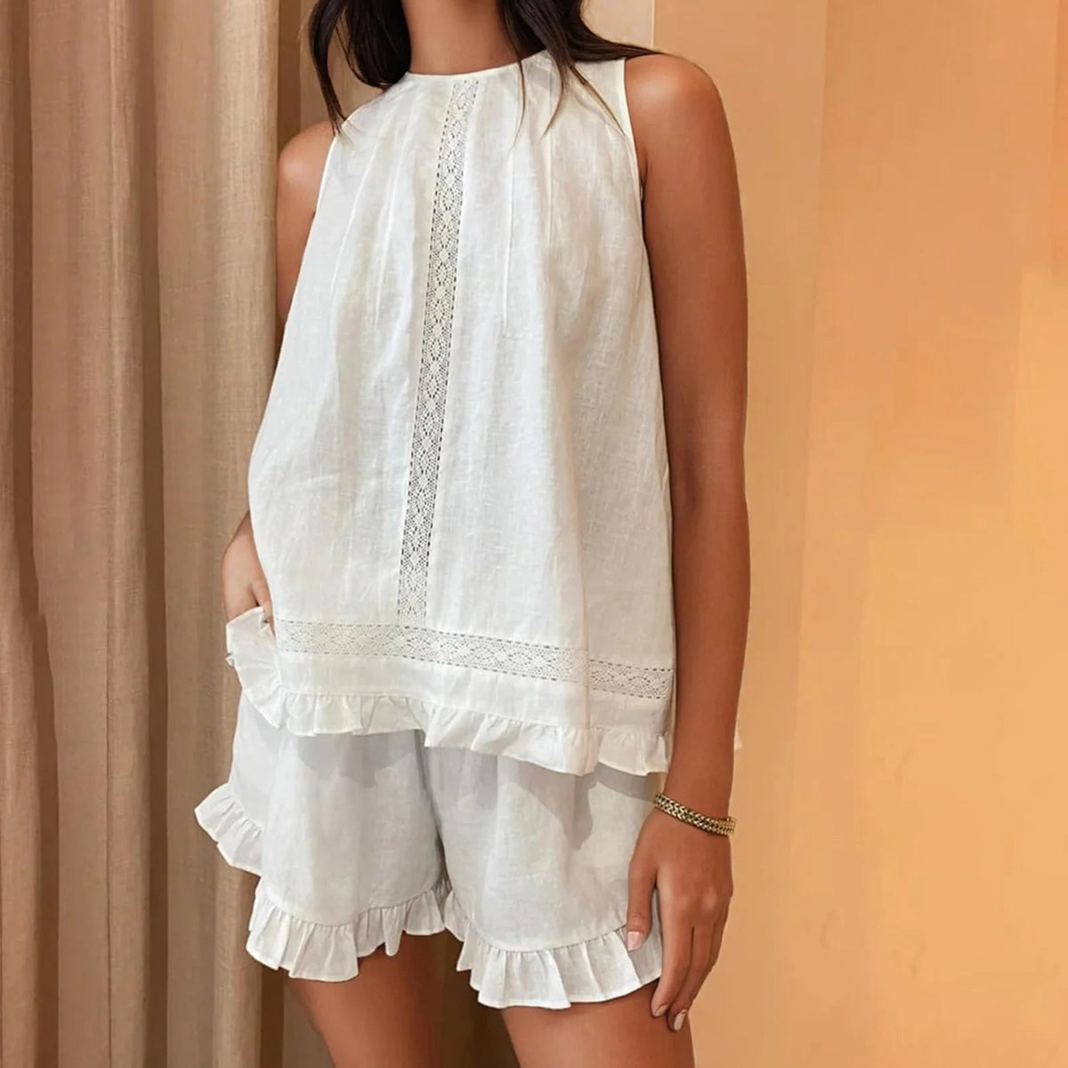 Dahlia Ruffled Trim Sleeveless Shorts Set - Women's Coordinated Two-Piece Outfit