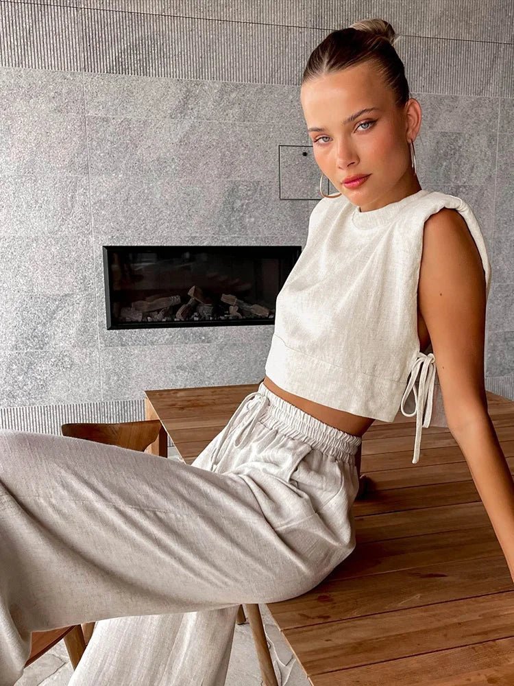 Delfina Linen Crop Top Two Piece Set - Women's Coordinated Two-Piece Outfit - Image 2