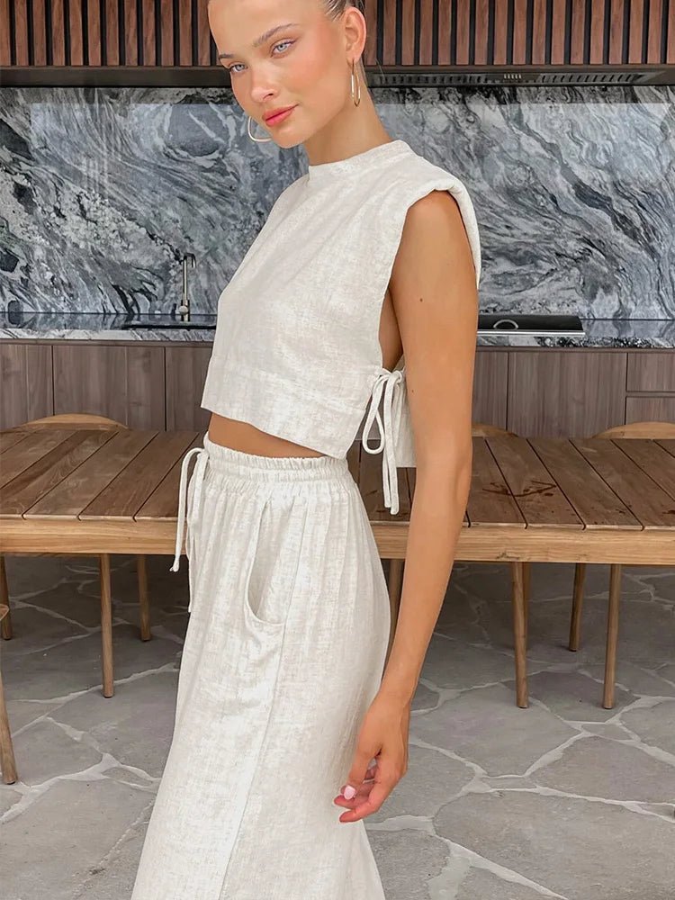 Delfina Linen Crop Top Two Piece Set - Women's Coordinated Two-Piece Outfit - Image 4