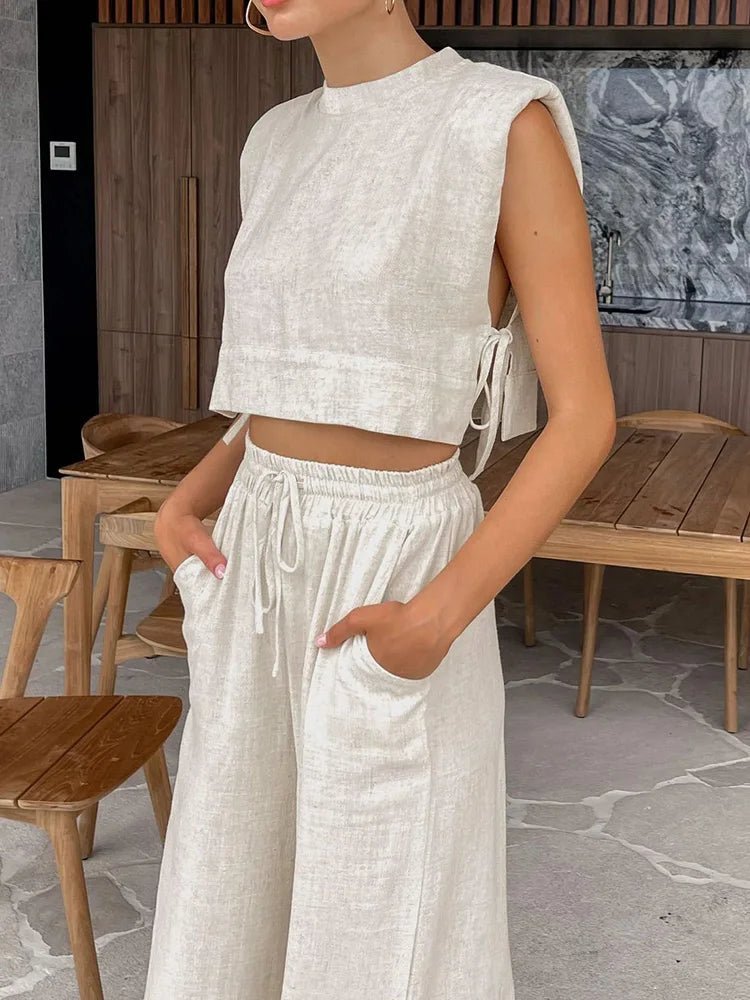 Delfina Linen Crop Top Two Piece Set - Women's Coordinated Two-Piece Outfit - Image 3