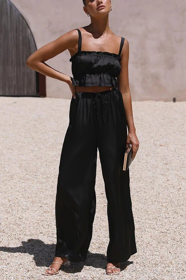 Julianne Ruffle Top Elastic Waist Pants Set - Women's Coordinated Two-Piece Outfit