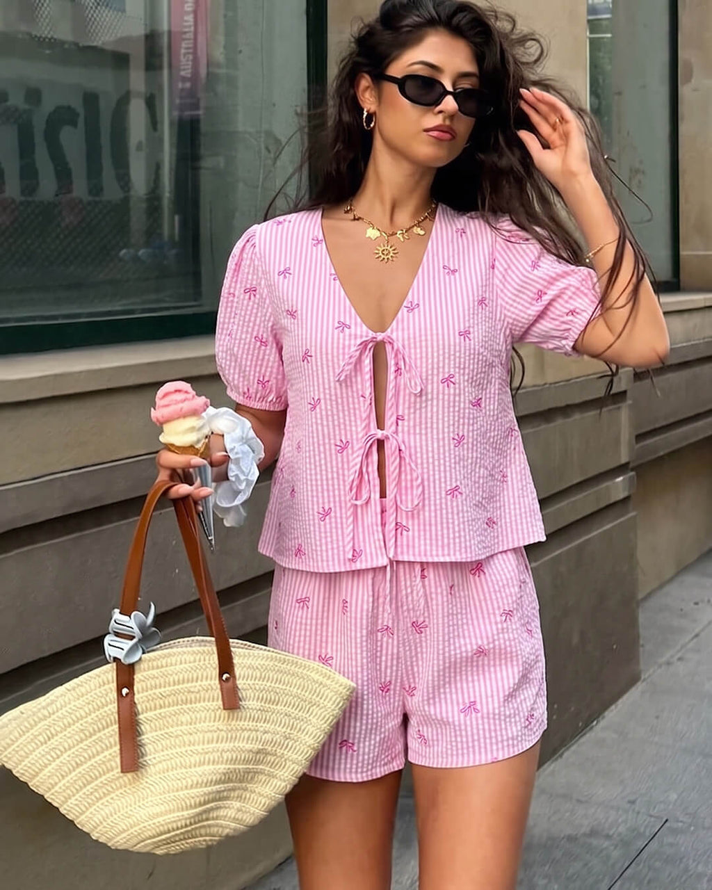 Kate Striped Tie-front Two-Piece Short Set - Women's Coordinated Two-Piece Outfit - Image 5