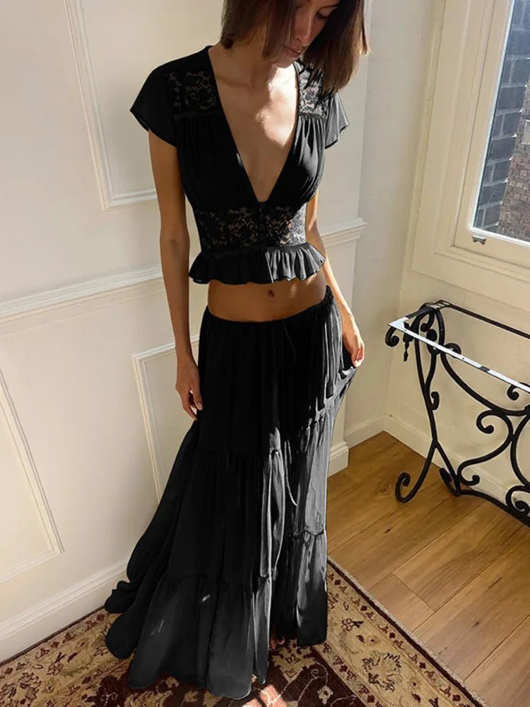 Beatrice Lace Chiffon Top & Skirt Set - Women's Coordinated Two-Piece Outfit