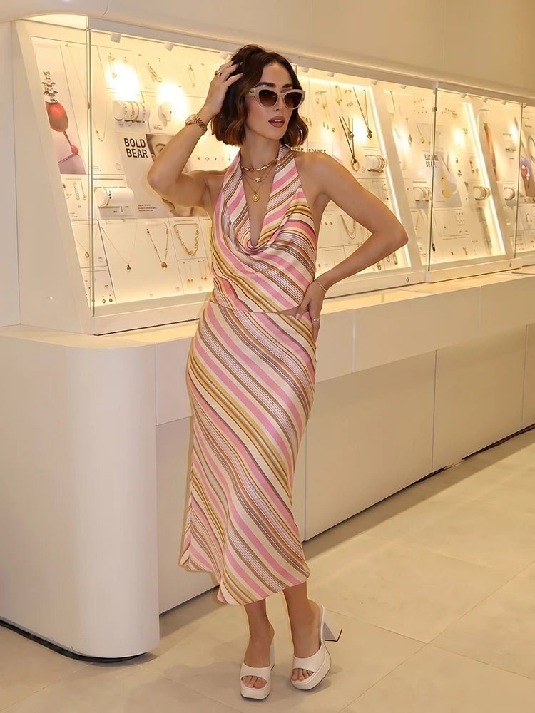 Sienna Bohemian Striped Satin Two-Piece Set - Women's Coordinated Two-Piece Outfit - Image 3
